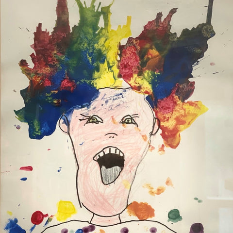 Painting of person with crazy hair and stress